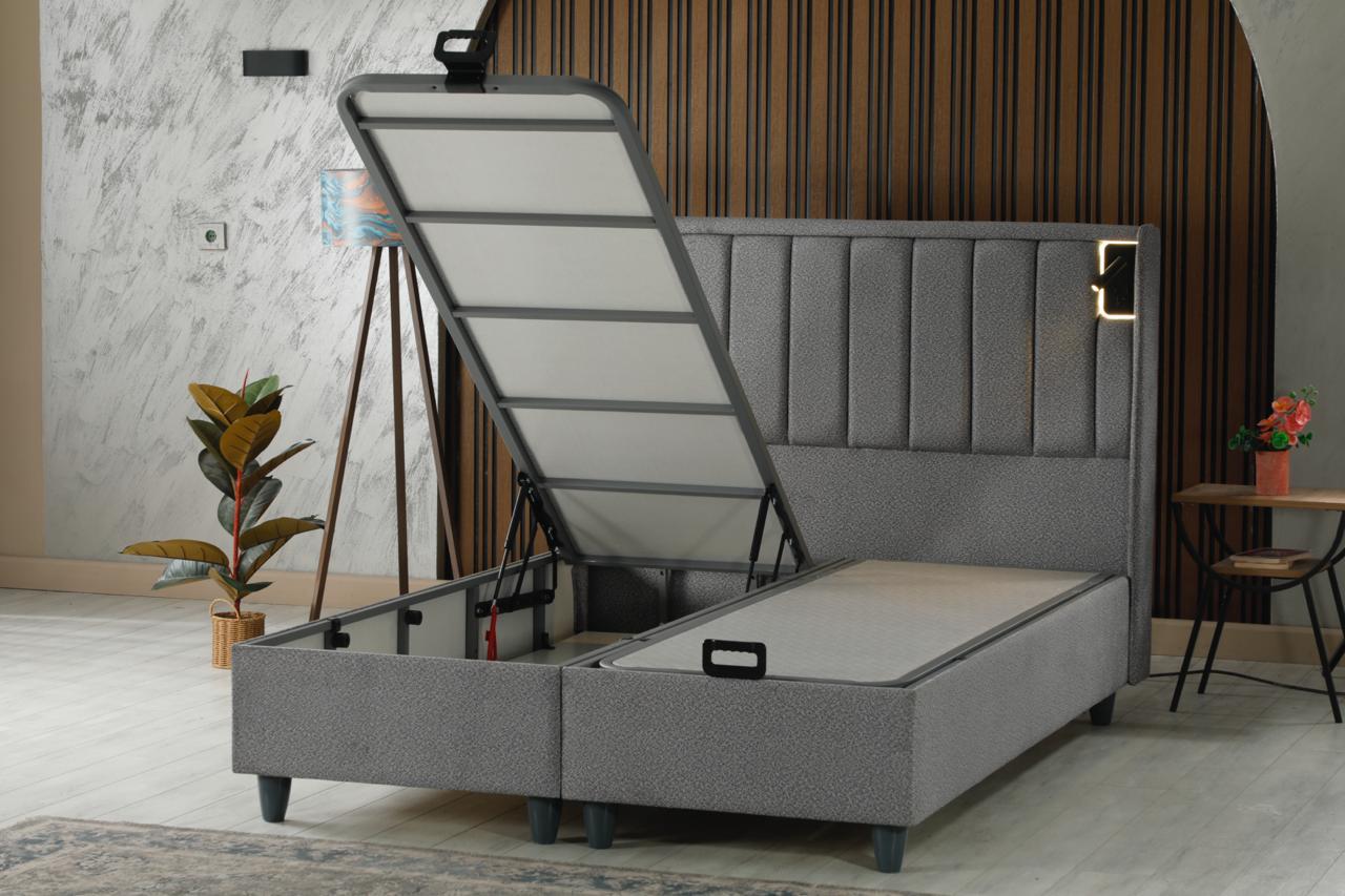 EXTREM Luxury Bed Set – Modern Gray Upholstered Bed with Dual LED Headboard