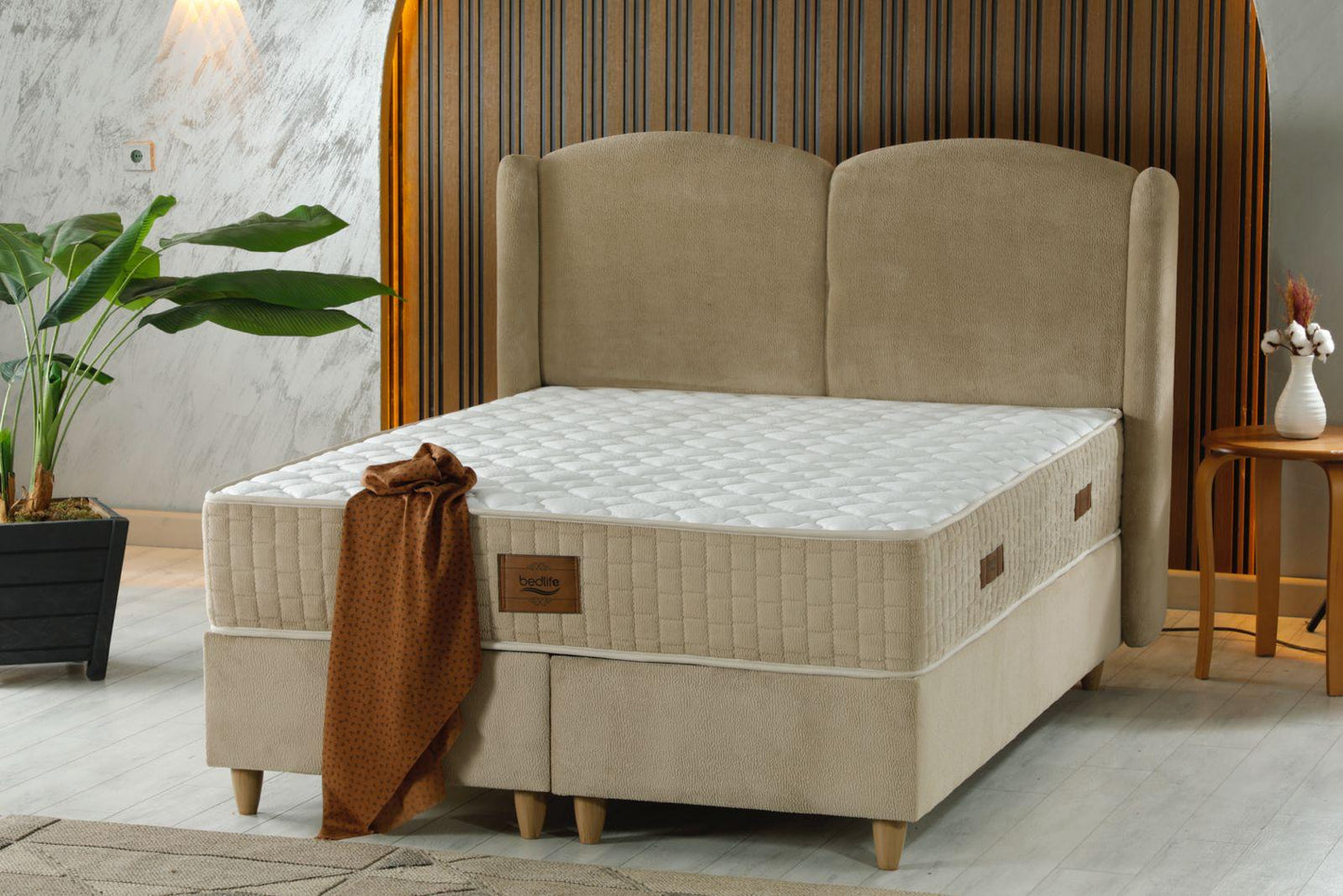 ARMONI Luxury Upholstered Bed Set – Elegant Beige Platform Bed with Soft Curved Headboard