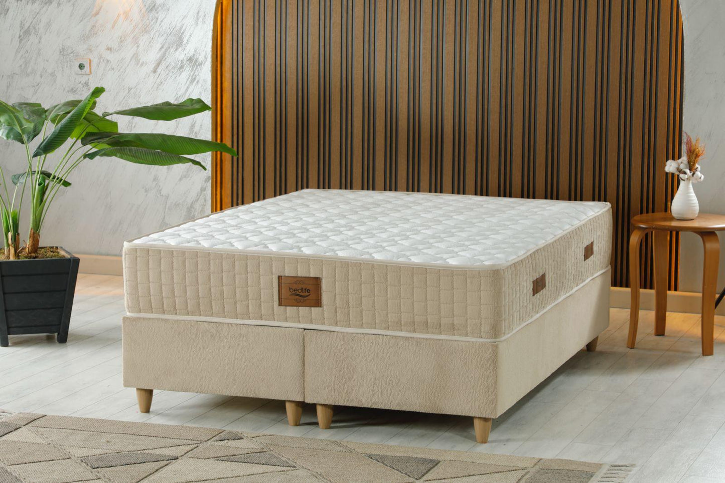ARMONI Luxury Upholstered Bed Set – Elegant Beige Platform Bed with Soft Curved Headboard