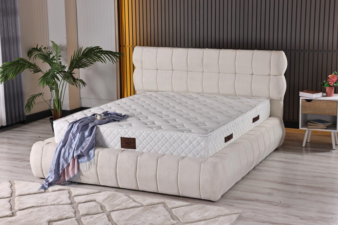 AURA Luxury Upholstered Bed Set – Ivory Bouclé Platform Bed with Sculpted Headboard