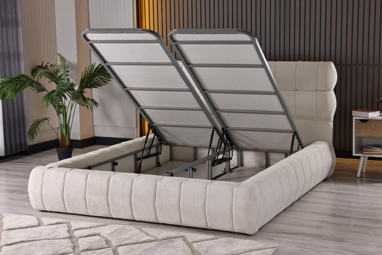 AURA Luxury Upholstered Bed Set – Ivory Bouclé Platform Bed with Sculpted Headboard