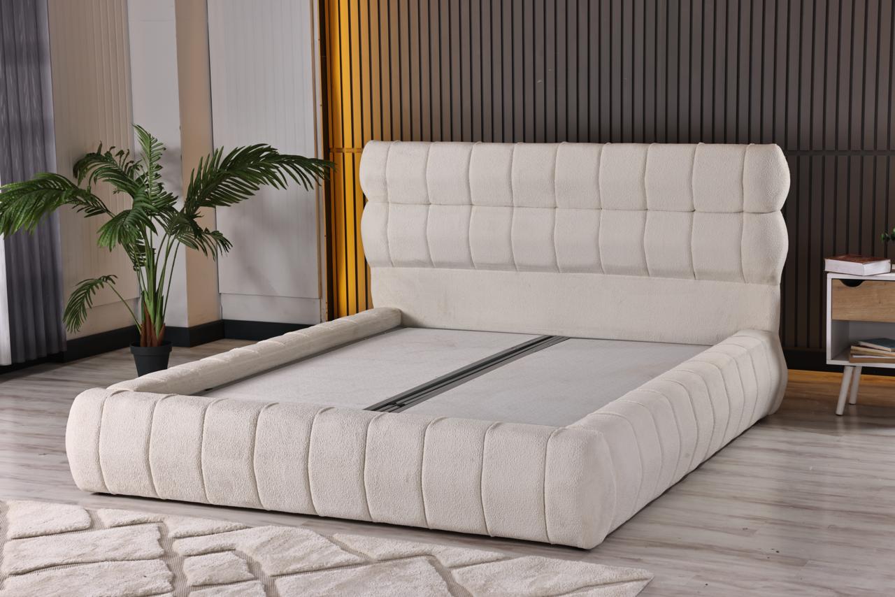AURA Luxury Upholstered Bed Set – Ivory Bouclé Platform Bed with Sculpted Headboard