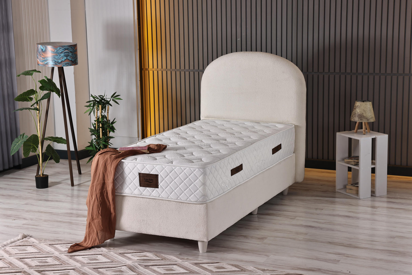 BOHEM Luxury Upholstered Bed Set – Ivory Bouclé Platform Bed with Curved Arch Headboard