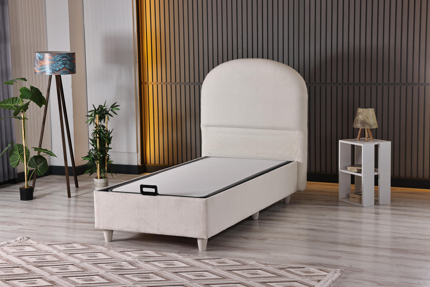 BOHEM Luxury Upholstered Bed Set – Ivory Bouclé Platform Bed with Curved Arch Headboard