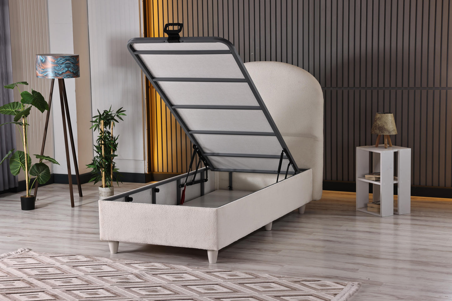 BOHEM Luxury Upholstered Bed Set – Ivory Bouclé Platform Bed with Curved Arch Headboard