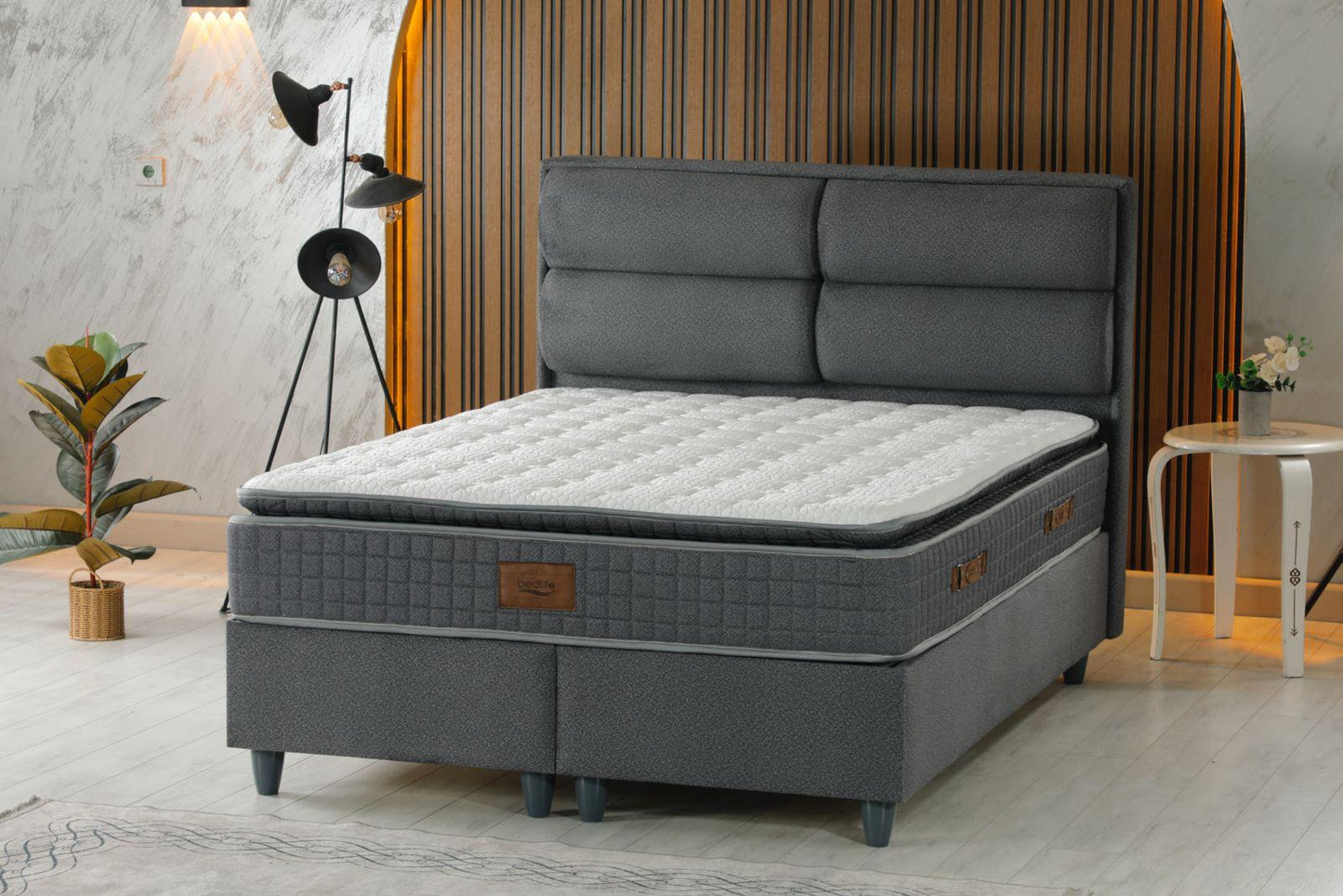 DIVA Luxury Upholstered Bed Set – Charcoal Gray Platform Bed with Contemporary Padded Headboard