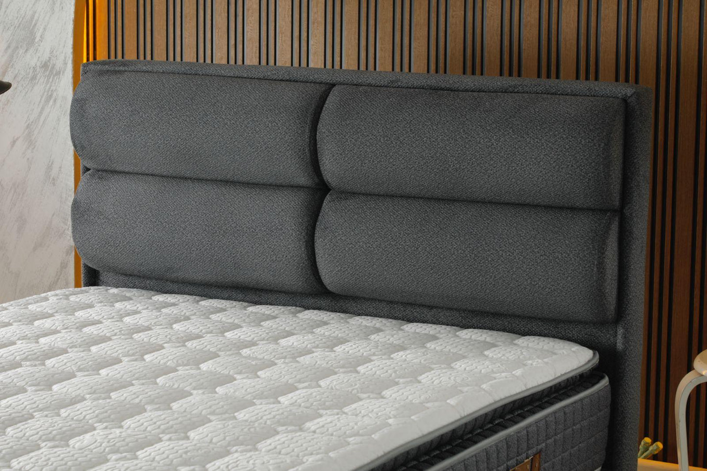 DIVA Luxury Upholstered Bed Set – Charcoal Gray Platform Bed with Contemporary Padded Headboard