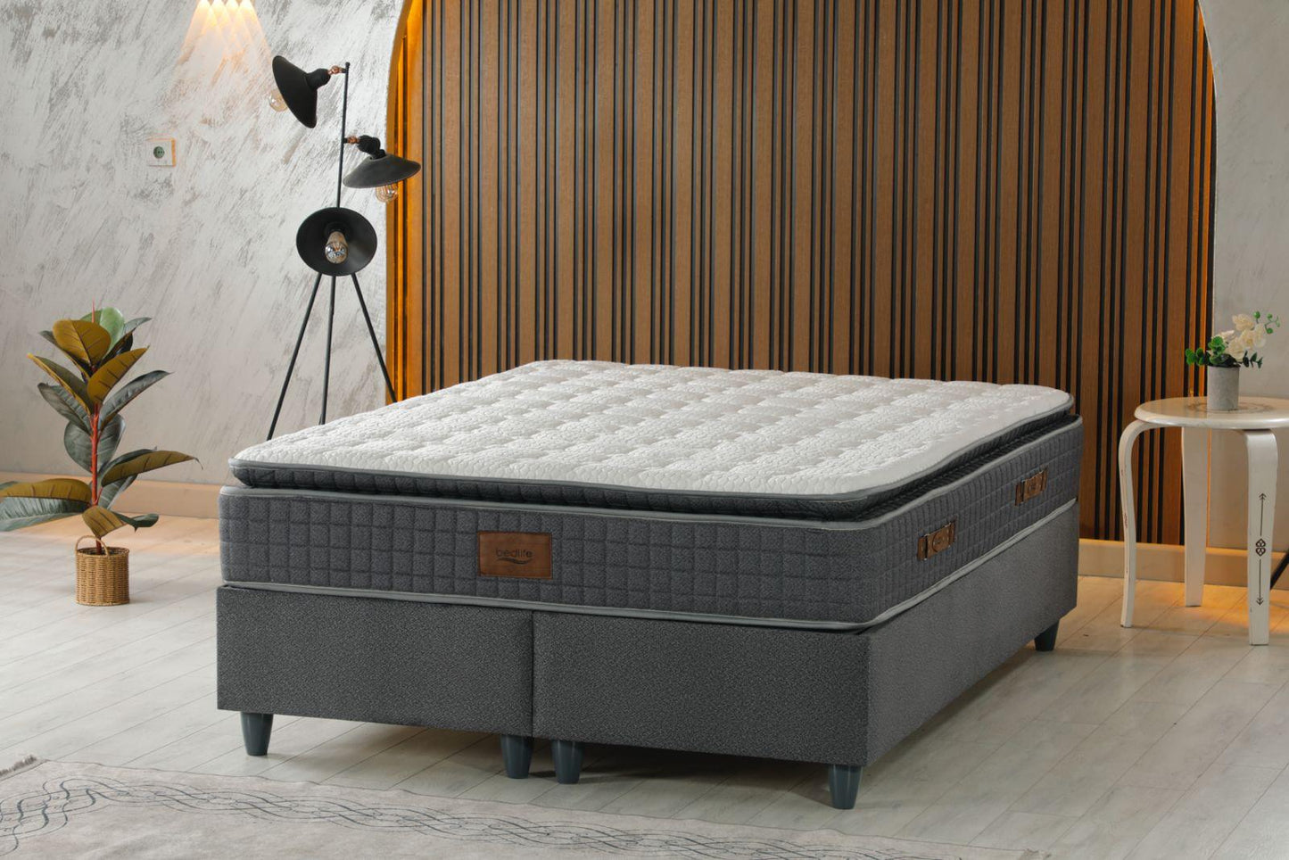 DIVA Luxury Upholstered Bed Set – Charcoal Gray Platform Bed with Contemporary Padded Headboard