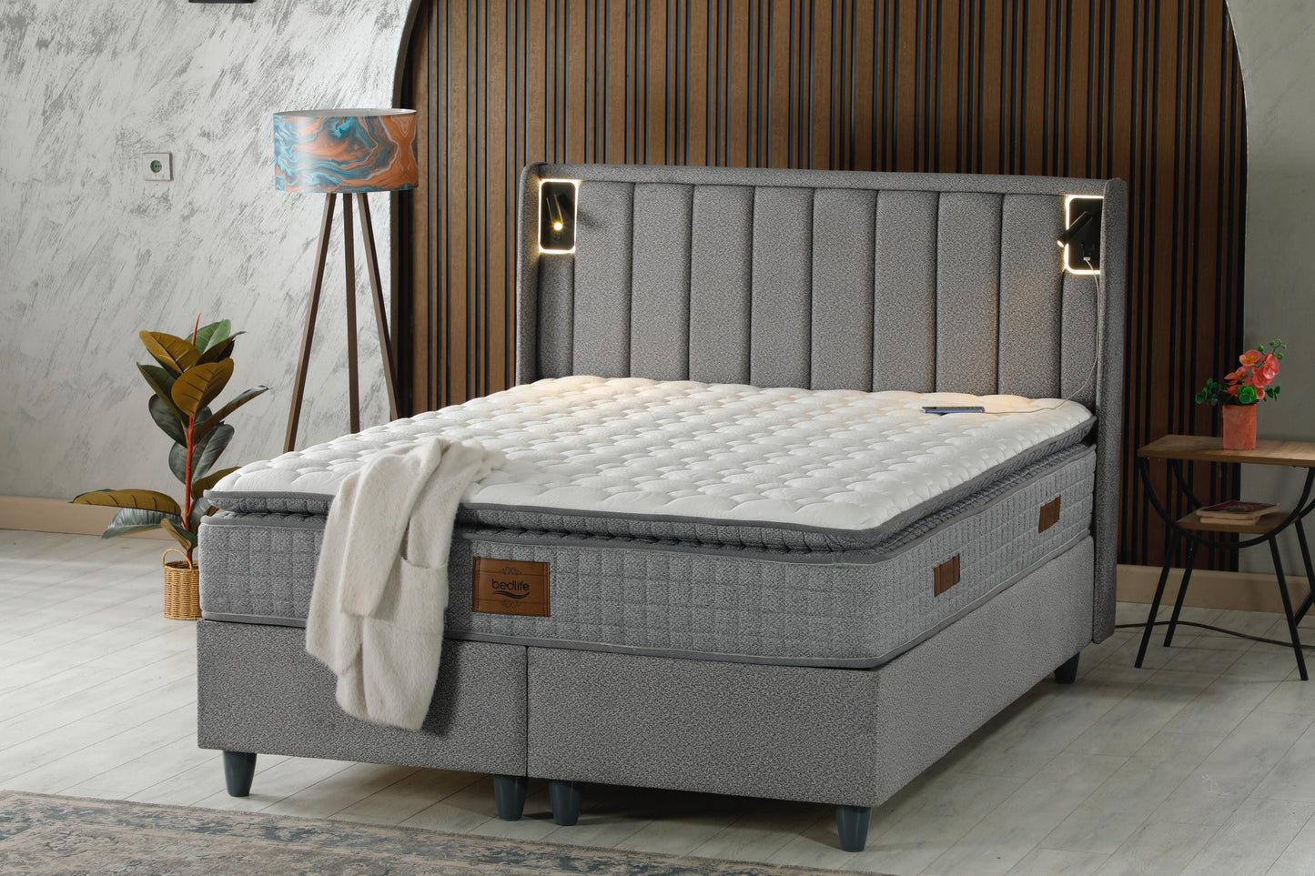 EXTREM Luxury Bed Set – Modern Gray Upholstered Bed with Dual LED Headboard
