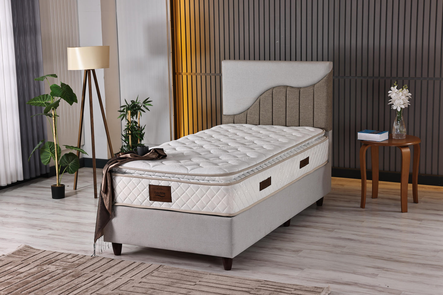 PIYANO Luxury Upholstered Bed Set – Ivory & Taupe Platform Bed with Artistic Wave Headboard