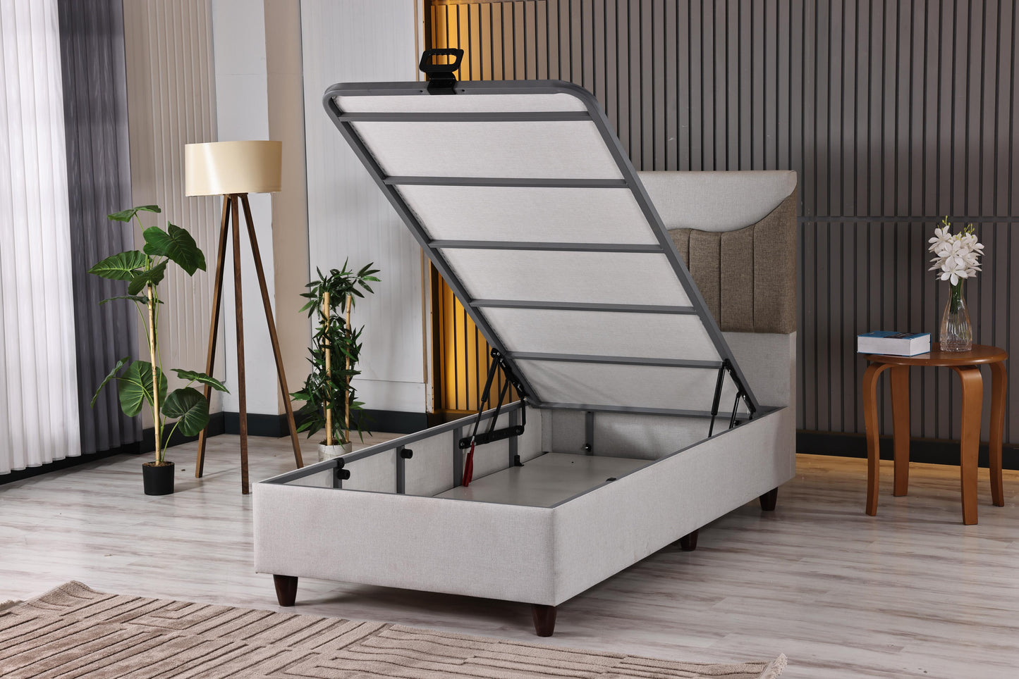 PIYANO Luxury Upholstered Bed Set – Ivory & Taupe Platform Bed with Artistic Wave Headboard