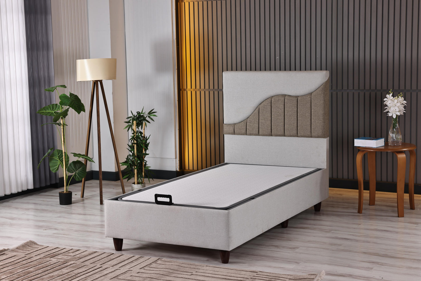 PIYANO Luxury Upholstered Bed Set – Ivory & Taupe Platform Bed with Artistic Wave Headboard